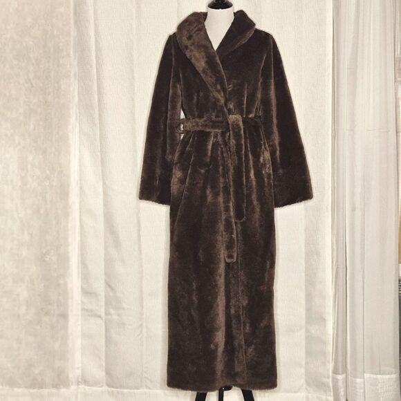 A Borg Fabric Tiffany Loungewear 70's Chocolate Brown Thick Fluffy Belted Robe - Picture 1 of 15